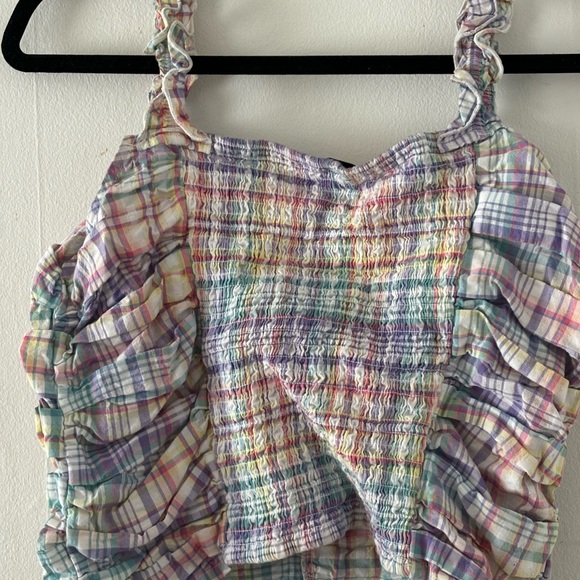 Versona Size XL Colorful Plaid Ruched Ruffle Smocked Cropped Tank Top - Picture 4 of 4